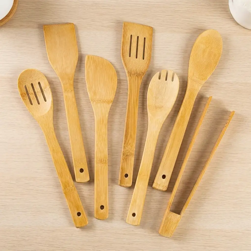 Eisinly 7-piece bamboo cooking utensils set with spatula, spoon, ladle, and tongs for nonstick cookware