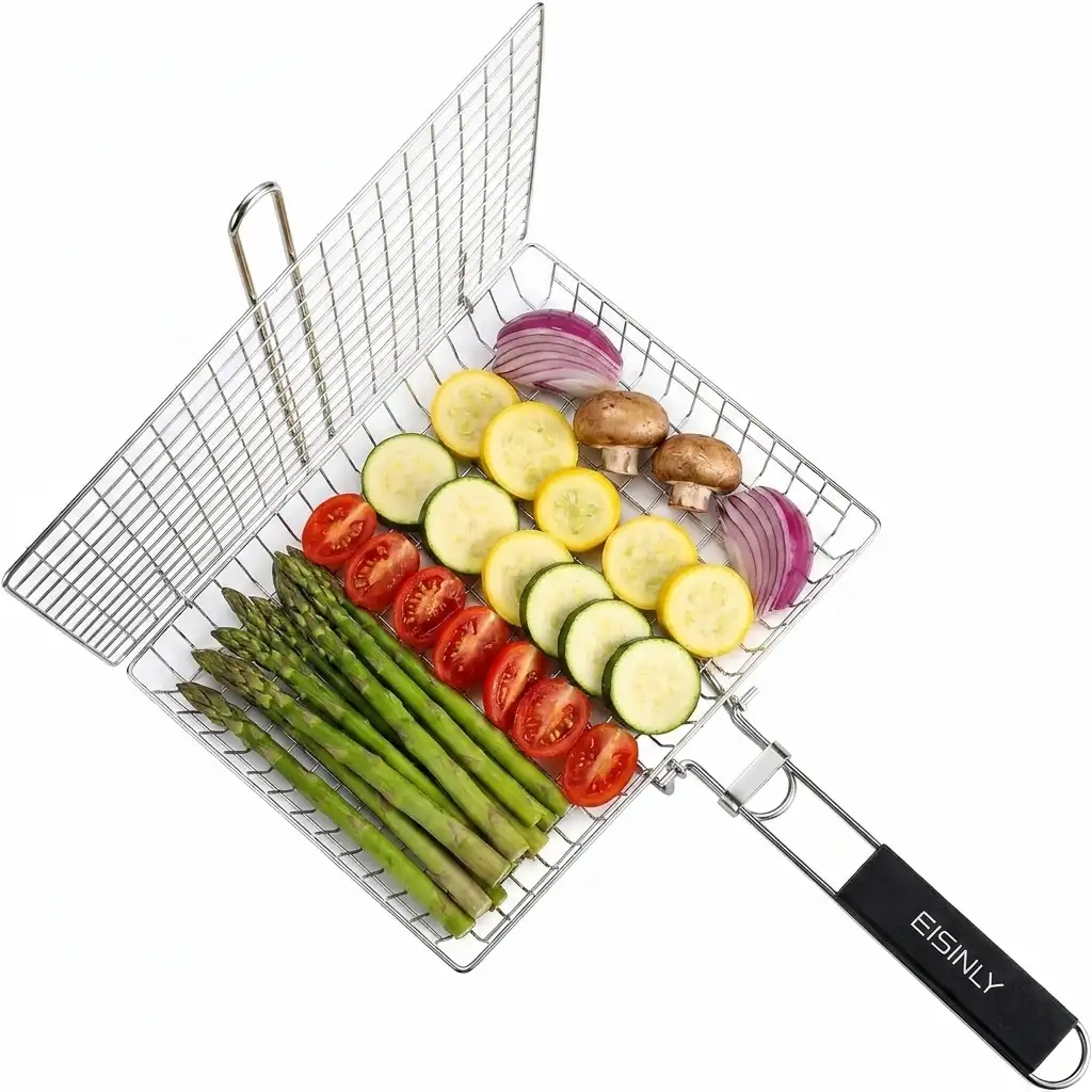 Eisinly portable stainless steel grill basket with removable wooden handle, 4 skewers, grill brush, and storage bag